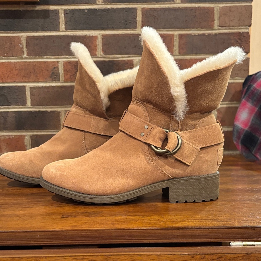 UGG Chestnut Suede Fur-Lined Ankle Boots with Buckle